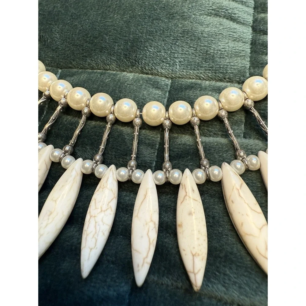 Vintage Pearl Stone Tribal Style Statement Bib Necklace costume jewelry